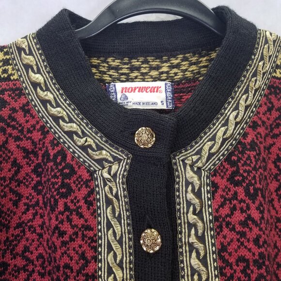 Vintage Norwear Cardigan Womens S Icelandic Red Wool Button Up Nordic Fair Isles - Picture 2 of 16